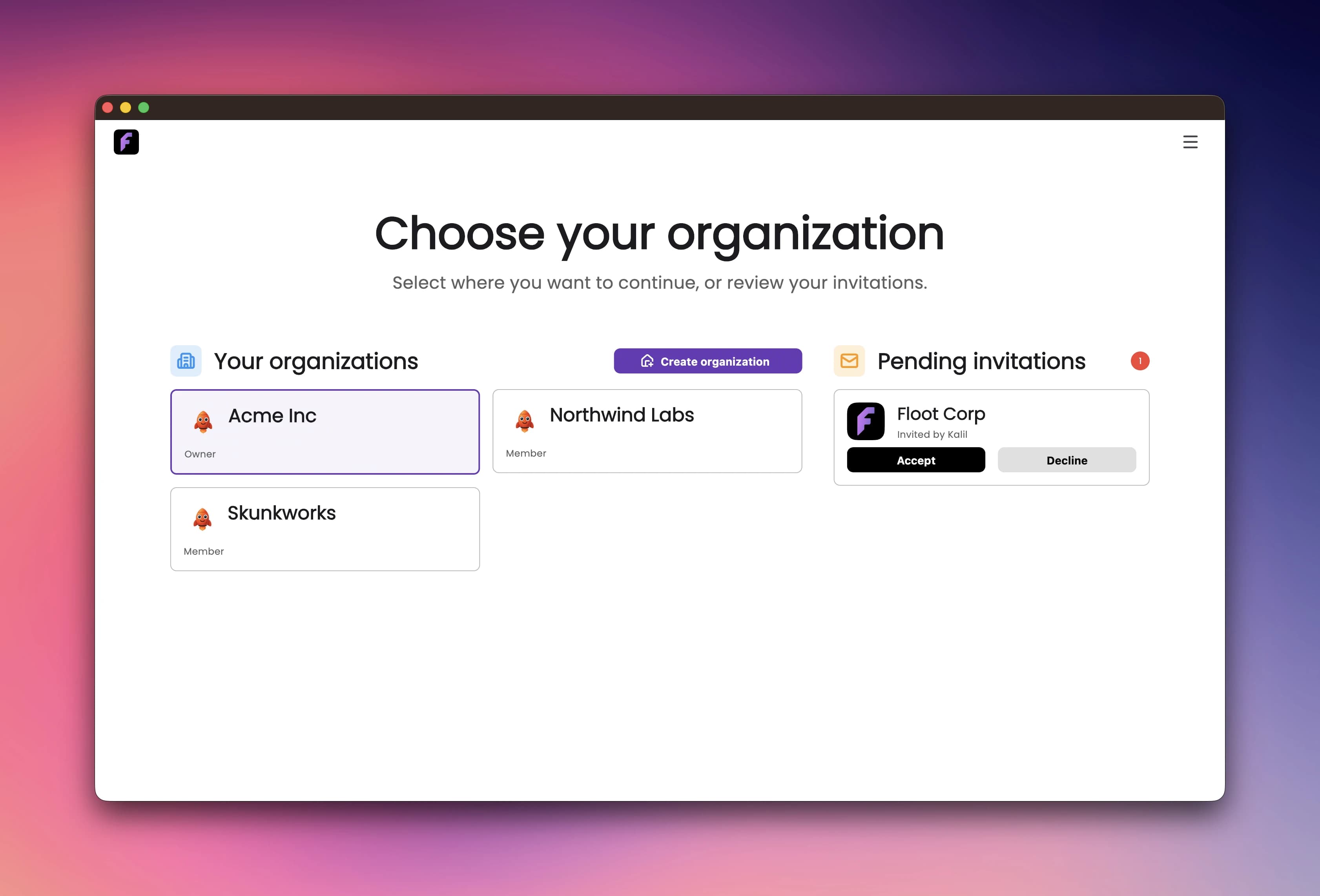 The access hub showing organization cards and a pending invitation