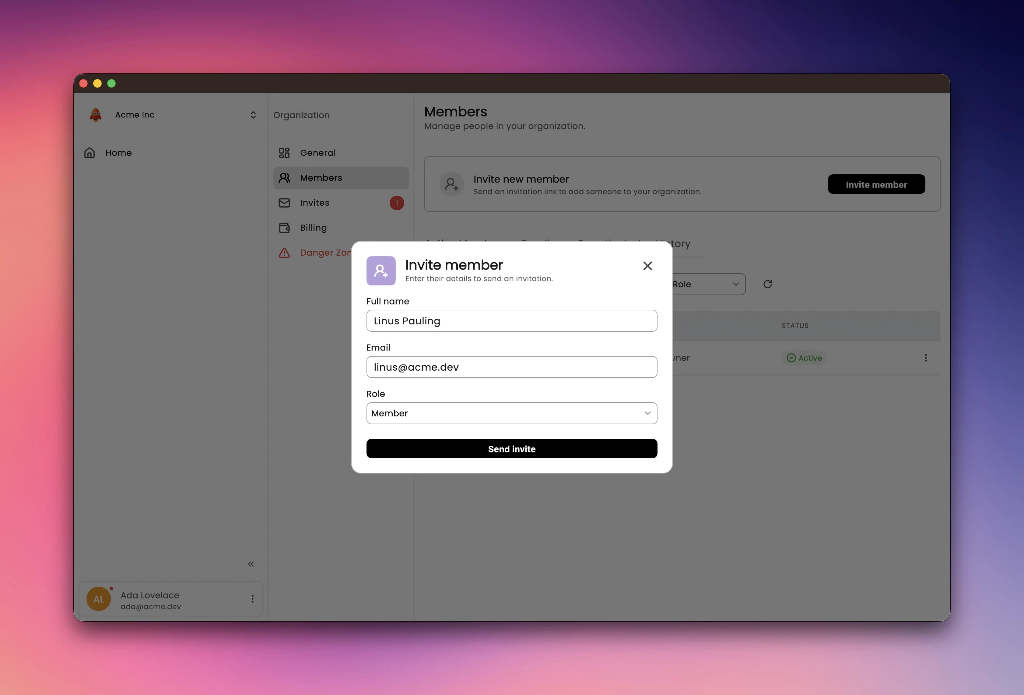 The invite member dialog with full name, email and role fields