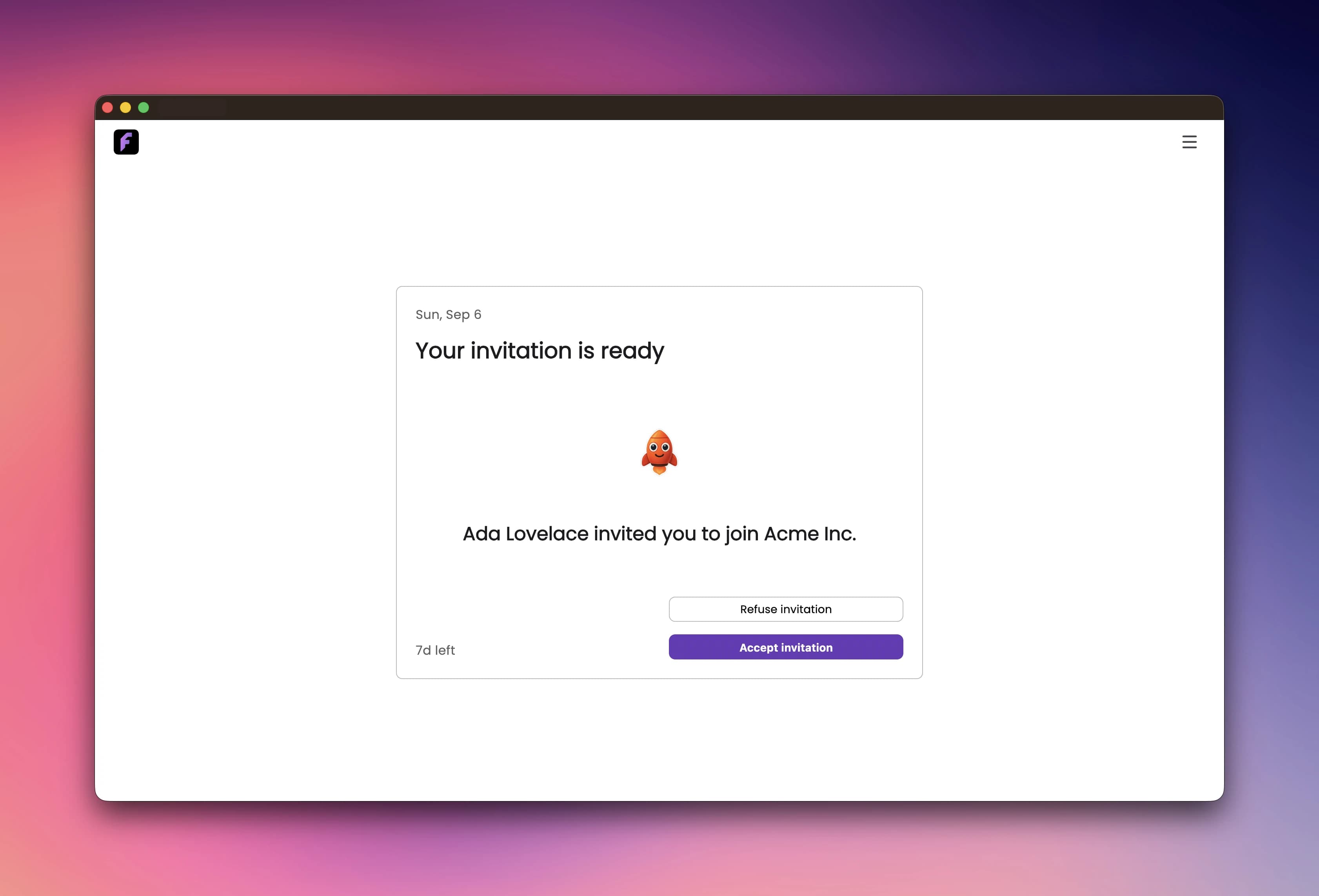 The invitation page with the organization name and Accept and Refuse buttons