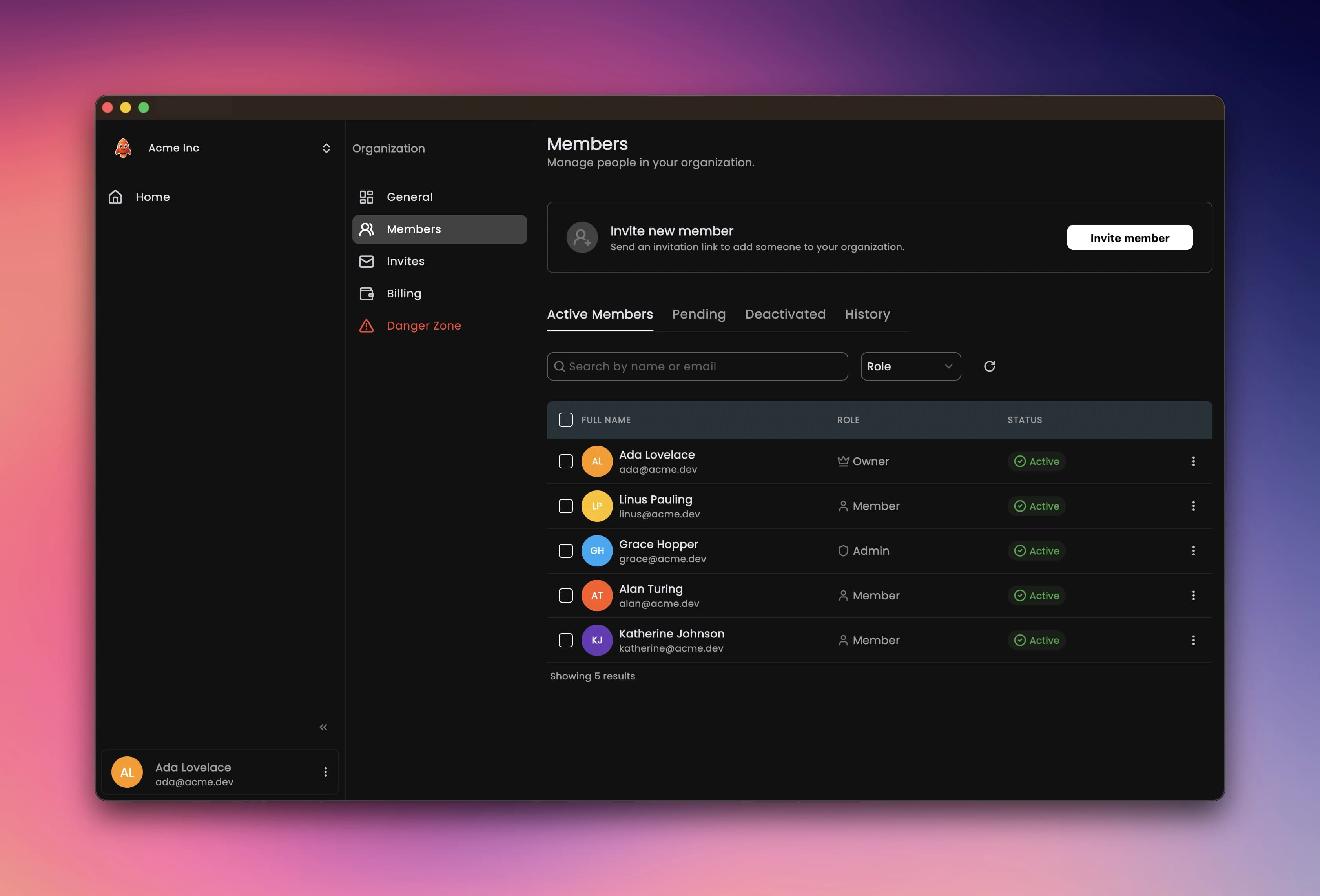 The members page on desktop with the Active Members tab, search bar and role filter