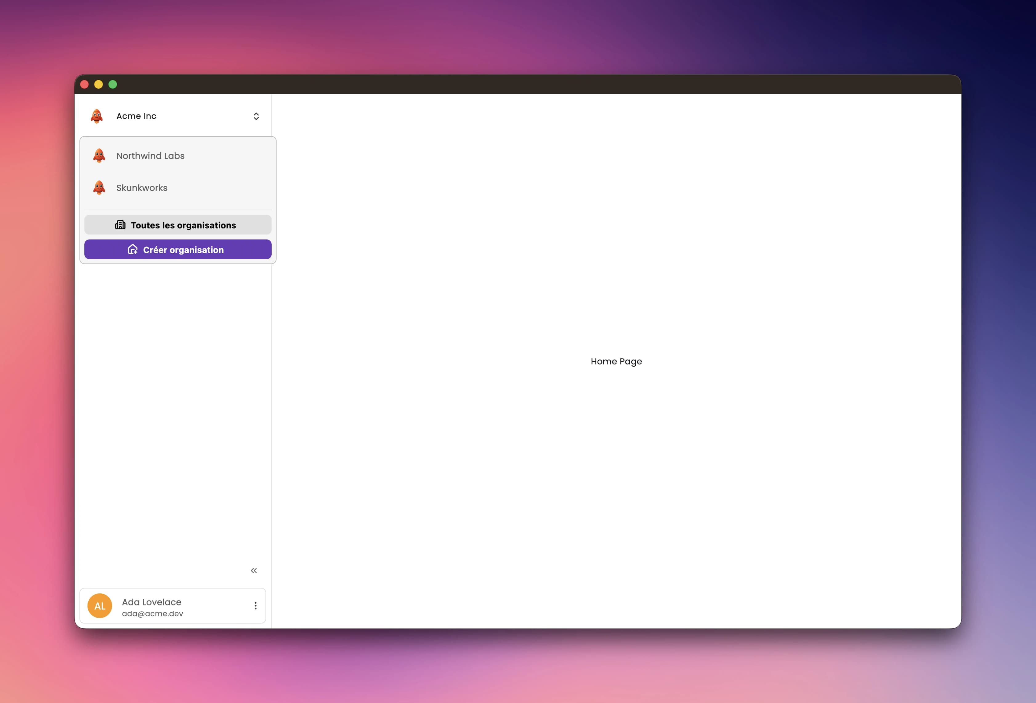 The organization switcher popover on desktop